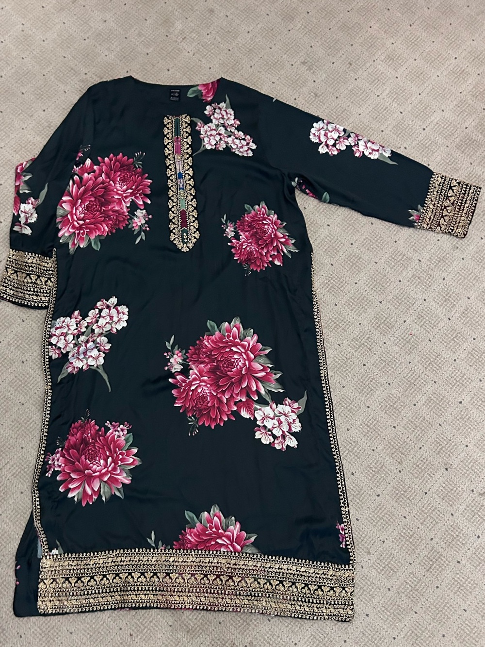 Lulusar Green Floral Tunic with Pink Blooms and Gold Embroidery
